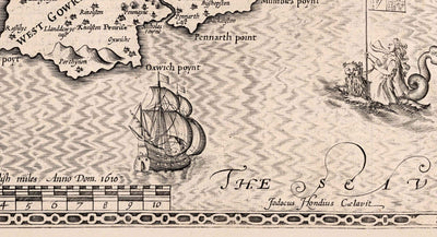 Antiguo mapa monocromo de Glamorgan, Gales, 1611 por John Speed - Cardiff, Swansea, Bridgend, Port Talbot, Barry