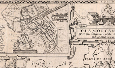 Old monochrome Carte of Glamorgan, Wales, 1611 par John Speed ​​- Cardiff, Swansea, Bridgend, Port Talbot, Barry
