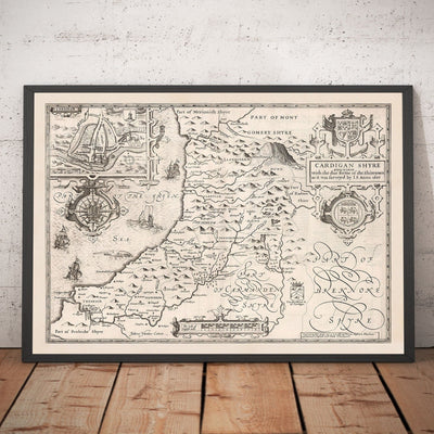 Antiguo mapa monocromo de Ceredigion, Gales, 1611 por John Speed - Aberystwyth, Cardigan, Aberporth, Aberarth