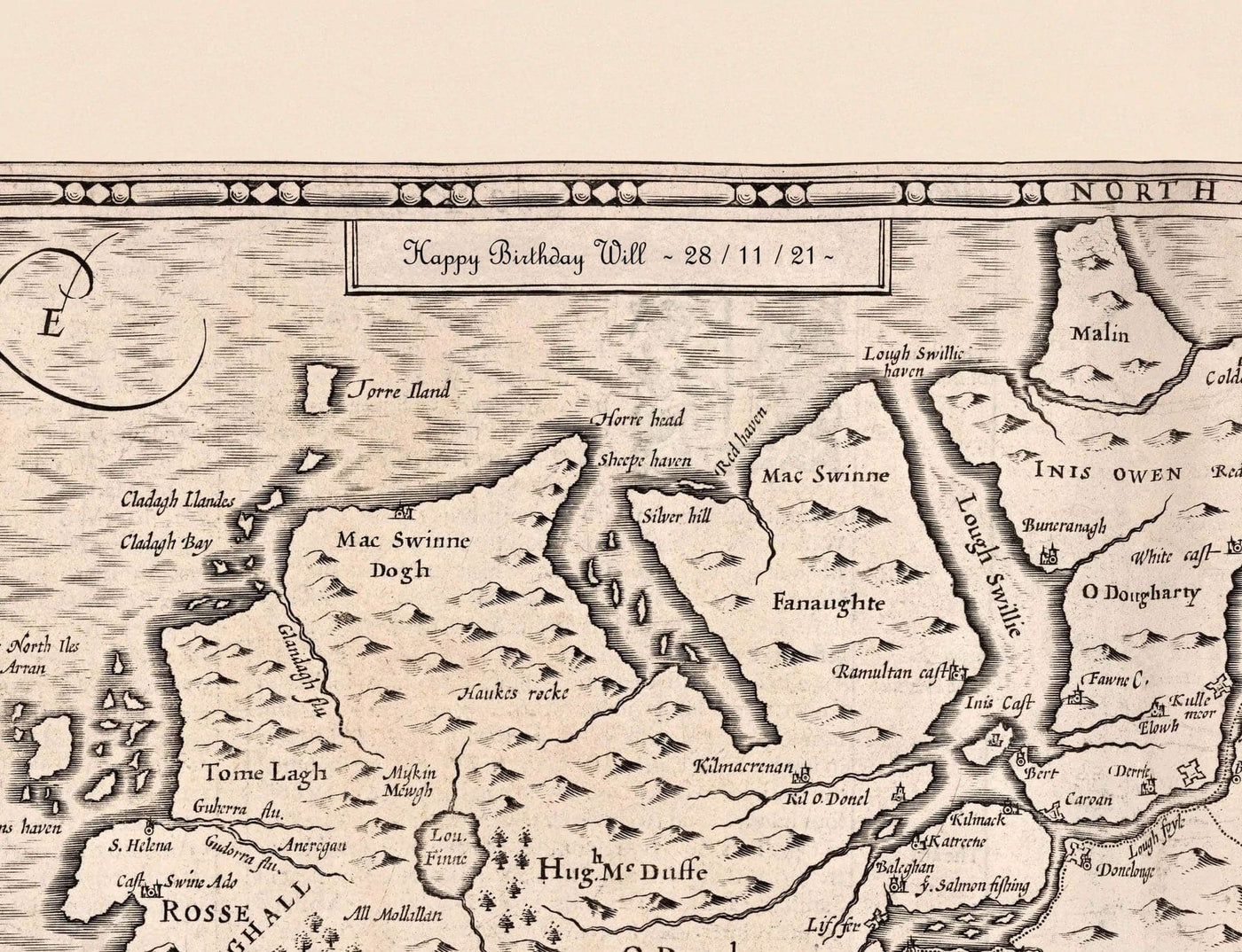 Antiguo mapa monocromo de Glamorgan, Gales, 1611 por John Speed - Cardiff, Swansea, Bridgend, Port Talbot, Barry
