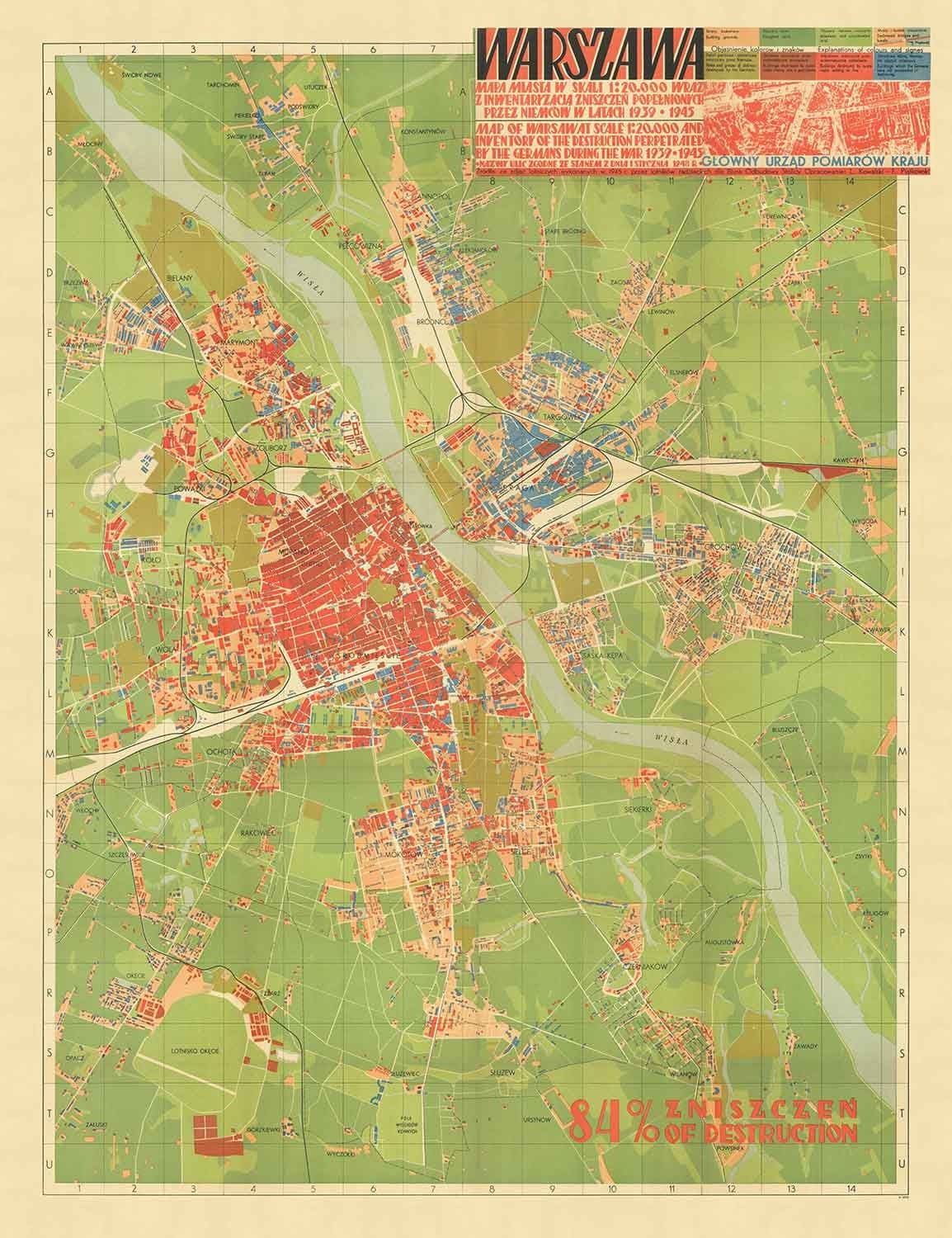 Antiguo mapa de la destrucción nazi de Varsovia, 1949 - Gráfico soviético censurado de la Segunda Guerra Mundial - Ciudad Vieja, Gueto, Muranow, Praga