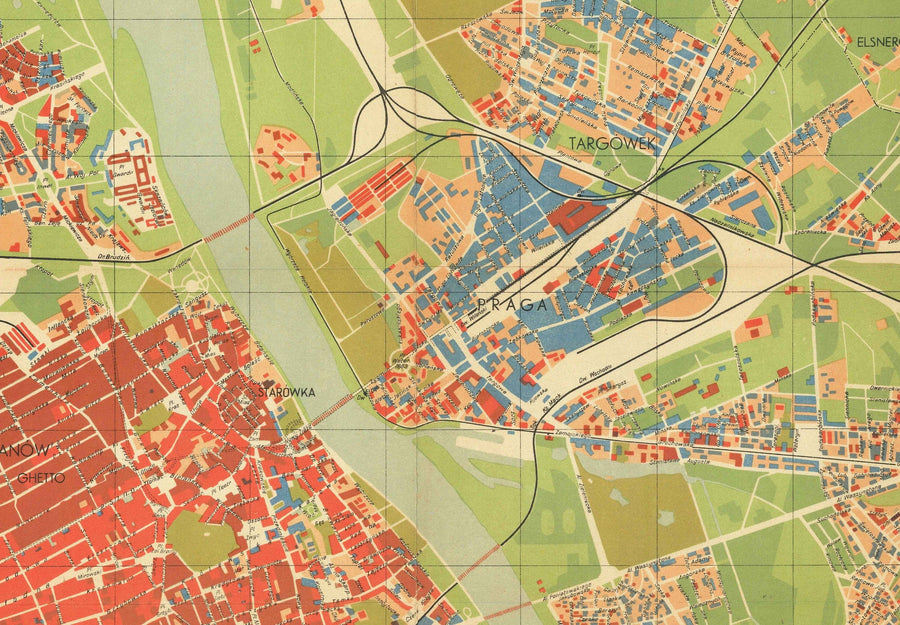 Antiguo mapa de la destrucción nazi de Varsovia, 1949 - Gráfico soviético censurado de la Segunda Guerra Mundial - Ciudad Vieja, Gueto, Muranow, Praga
