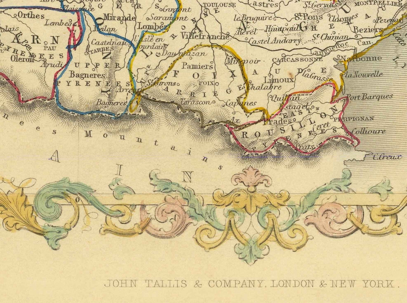 Alte Karte von Frankreich, 1851 von Tallis & Rapkin - Paris, Calais, Toulouse, Nizza, Bordeaux, Departements & Landkreise