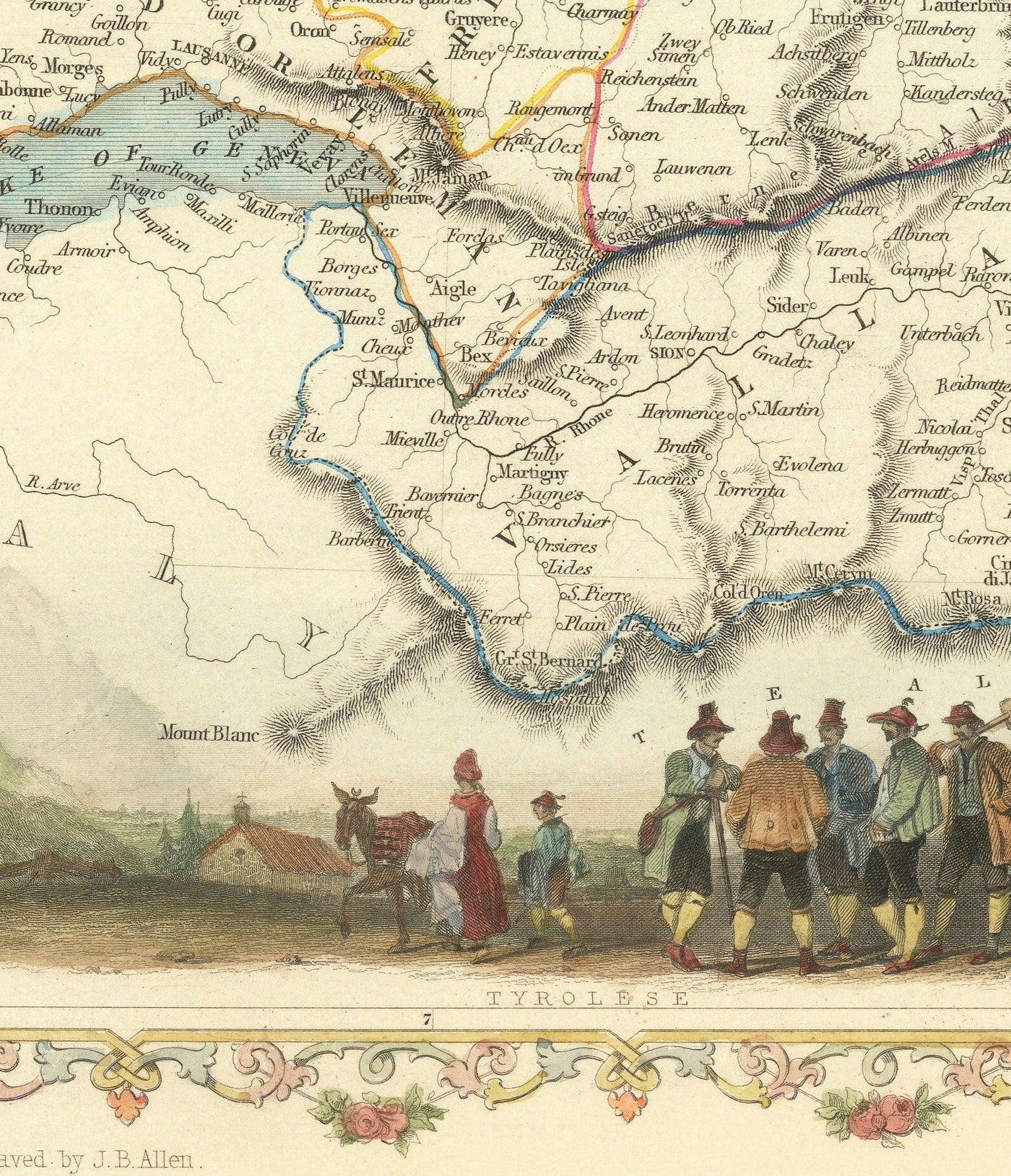 Antiguo mapa coloreado a mano de Suiza, 1851 - Berna, Zúrich, Cantones, Ginebra, Lagos, Zermatt, Guillermo Tell