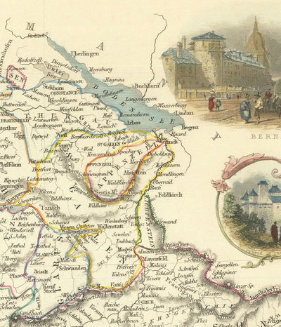 Ancienne carte de la Suisse, 1851, coloriée à la main - Berne, Zurich, Cantons, Genève, Lacs, Zermatt, Guillaume Tell