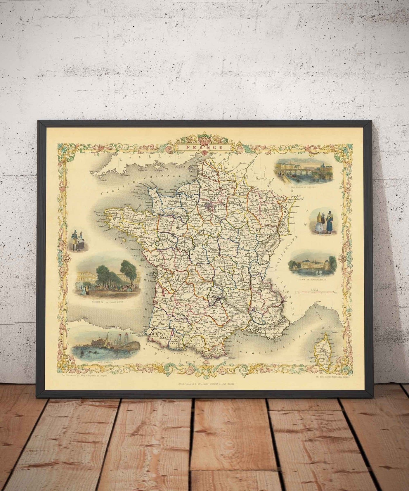 Alte Karte von Frankreich, 1851 von Tallis & Rapkin - Paris, Calais, Toulouse, Nizza, Bordeaux, Departements & Landkreise