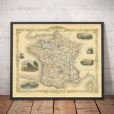 Alte Karte von Frankreich, 1851 von Tallis & Rapkin - Paris, Calais, Toulouse, Nizza, Bordeaux, Departements & Grafschaften 