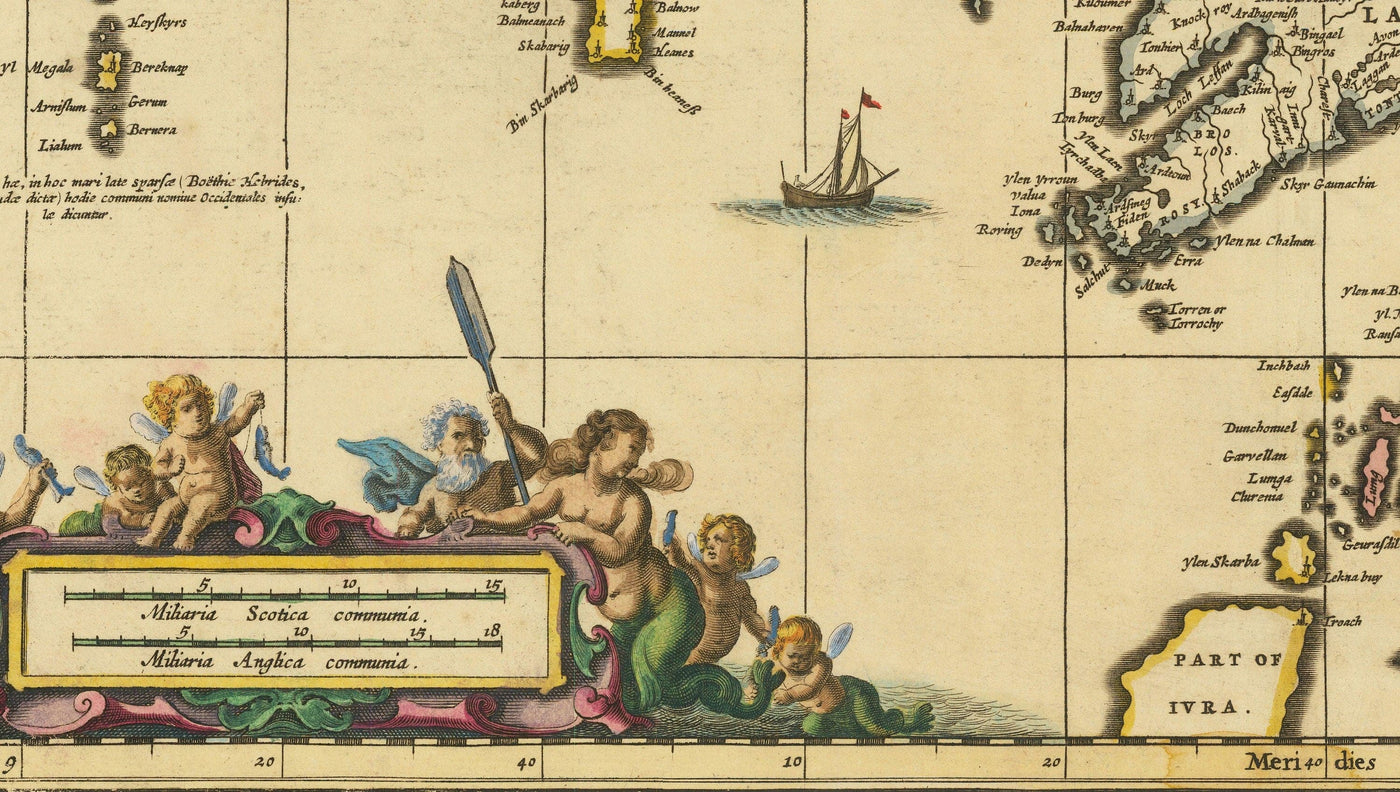 Antiguo mapa de las Hébridas interiores y exteriores, Mull y Skye, 1690 - Lochaber, Uist, Harris, Barra, Islas, Lagos