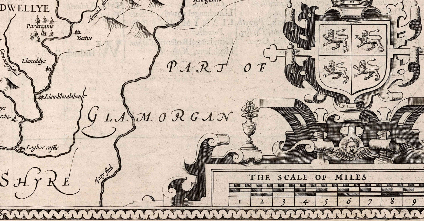 Old monochrome Carte of Carmarthenshire Wales, 1611 par John Speed ​​- Carmarthen, Llanelli, Llandovery, Ammanford