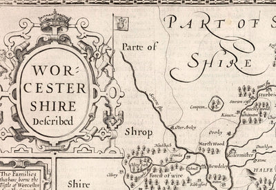 Alte monochrome Karte von Worcestershire, 1611 von John Speed ​​- Worcester, Bromsgrove, Kidderminster, Malvern, Droitwich