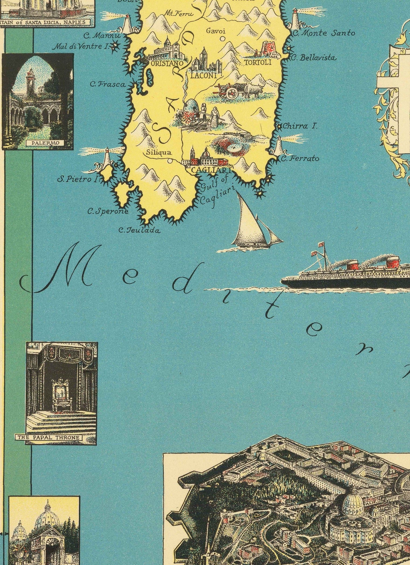 Antiguo mapa pictórico de Italia, 1935 por E. Chase - Hitos ilustrados, Vaticano, Venecia, Florencia, Roma, Cerdeña