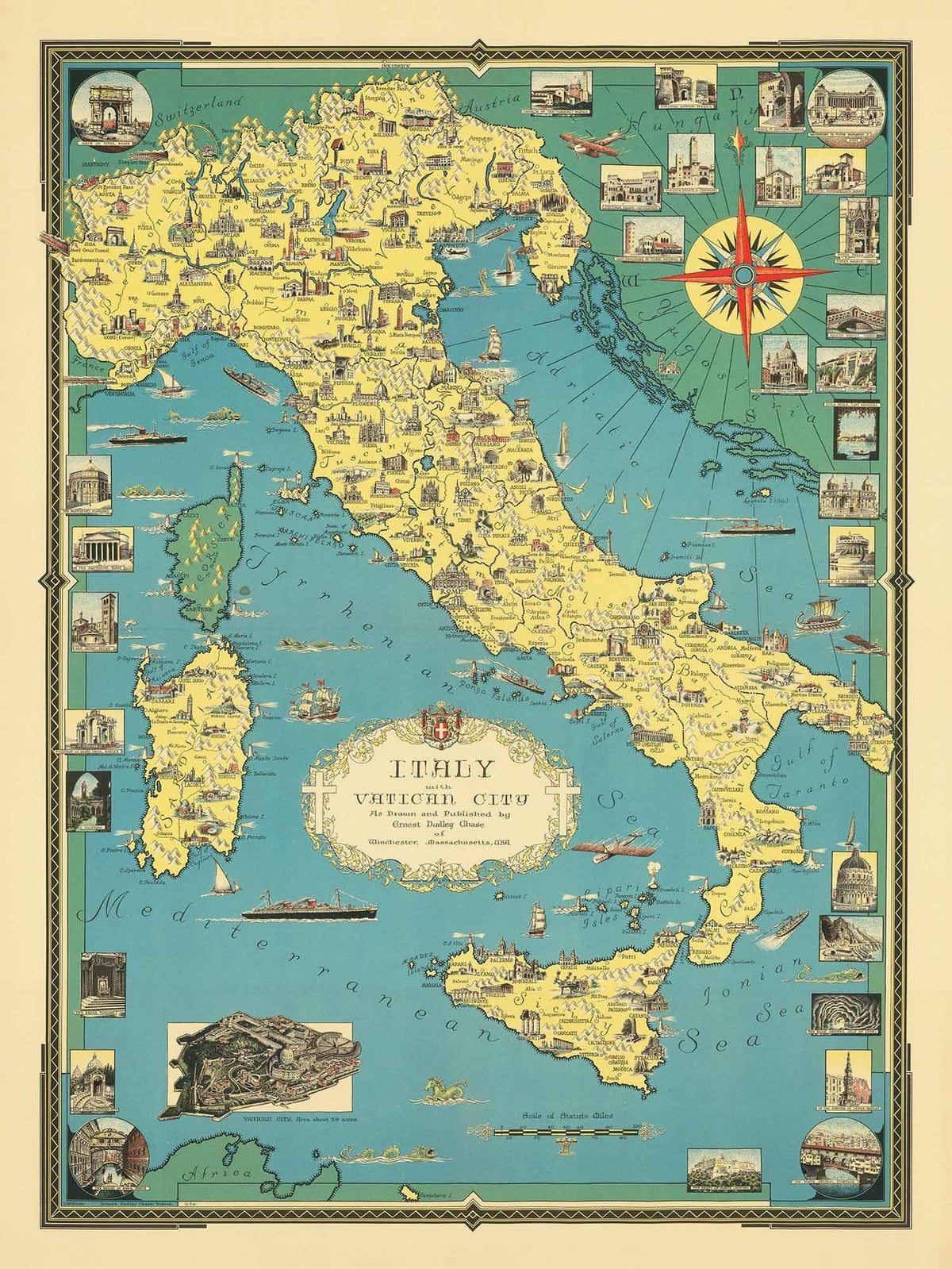 Antiguo mapa pictórico de Italia, 1935 por E. Chase - Hitos ilustrados, Vaticano, Venecia, Florencia, Roma, Cerdeña