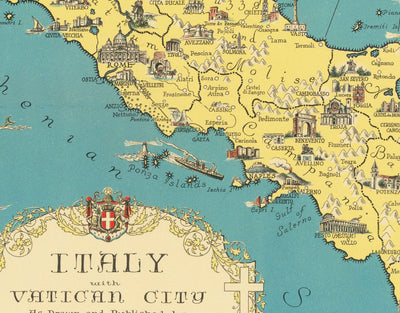 Old Pictorial Map of Italy, 1935 by E. Chase - Illustrated Landmarks, Vatican, Venice, Florence, Rome, Sardinia