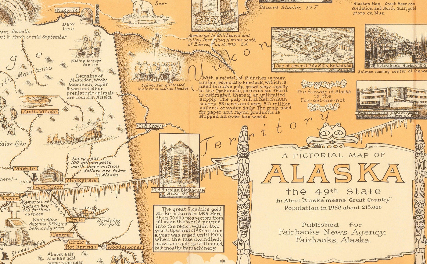 Old Pictorial Map of Alaska, USA by E. Chase, 1958 - Anchorage, Bears, Gold Mining, Towns, Mountains, etc.