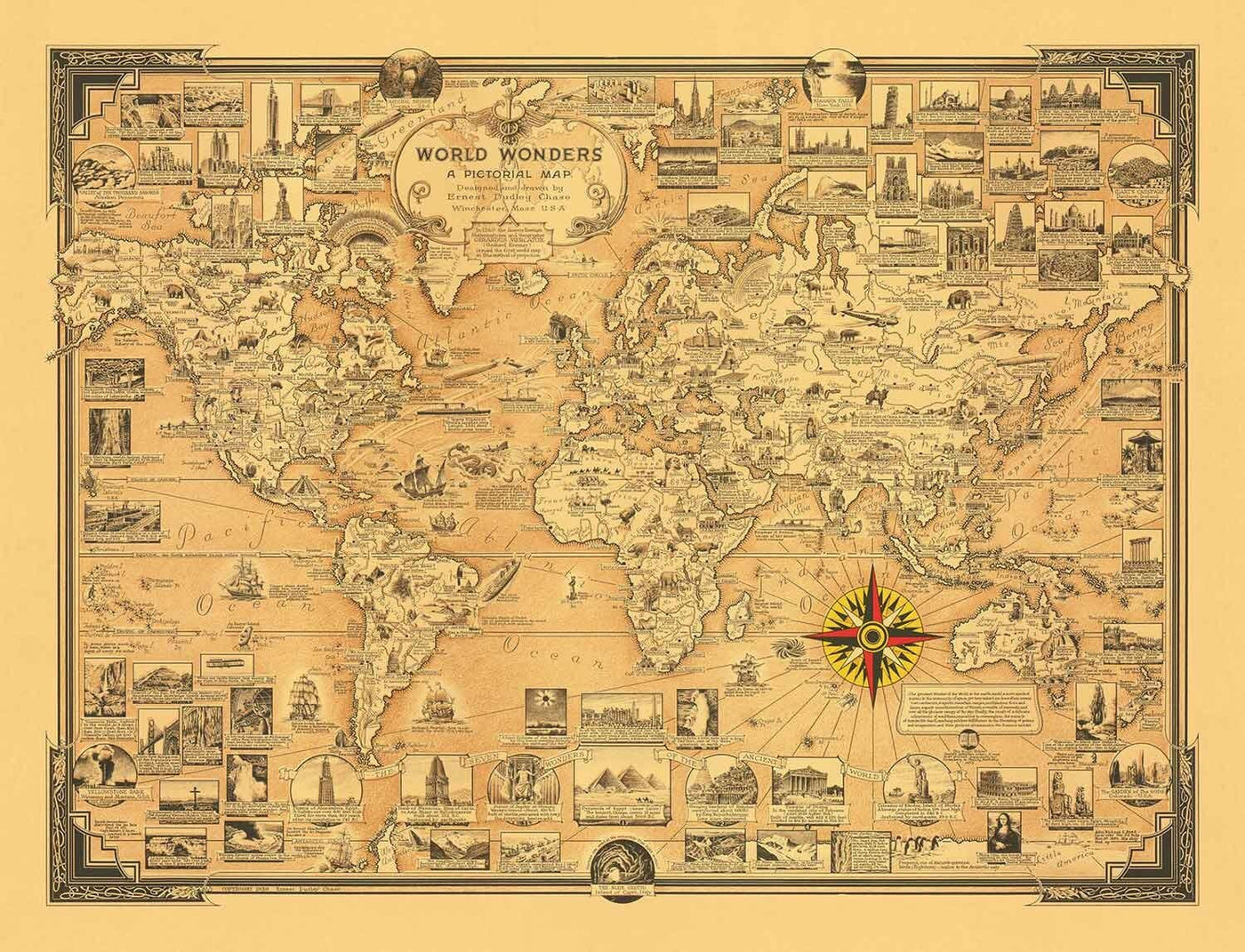 Antiguo mapa del Atlas de las Siete Maravillas del Mundo, 1939 - Antiguas y modernas - Pirámides, Empire State, Stonehenge