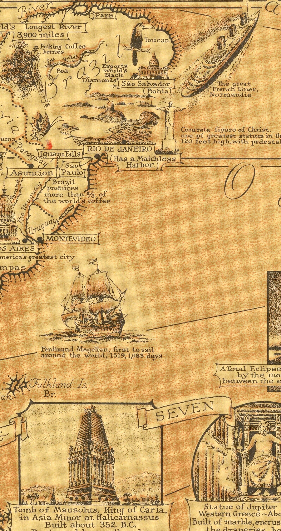 Alte sieben Weltwunder Atlas Karte, 1939 - Antik und Modern - Pyramiden, Empire State, Stonehenge 