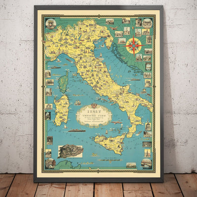 Old Pictorial Map of Italie, 1935 par E. Chase - Merons illustrés, Vatican, Venise, Florence, Rome, Sardaigne
