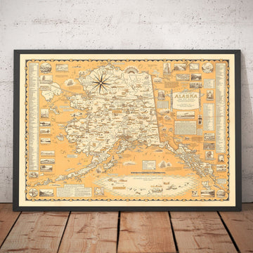 Old Pictorial Map of Alaska, USA by E. Chase, 1958 - Anchorage, Bears, Gold Mining, Towns, Mountains, etc.