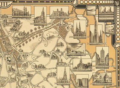 Antiguo mapa pictórico de Manhattan y el Bronx, 1939, por E. Chase - Lugares de interés, rascacielos, río Hudson