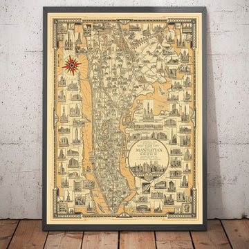 Alter Piktorialer Stadtplan von Manhattan & der Bronx, 1939 von E. Chase - Wahrzeichen, Wolkenkratzer, Hudson River 