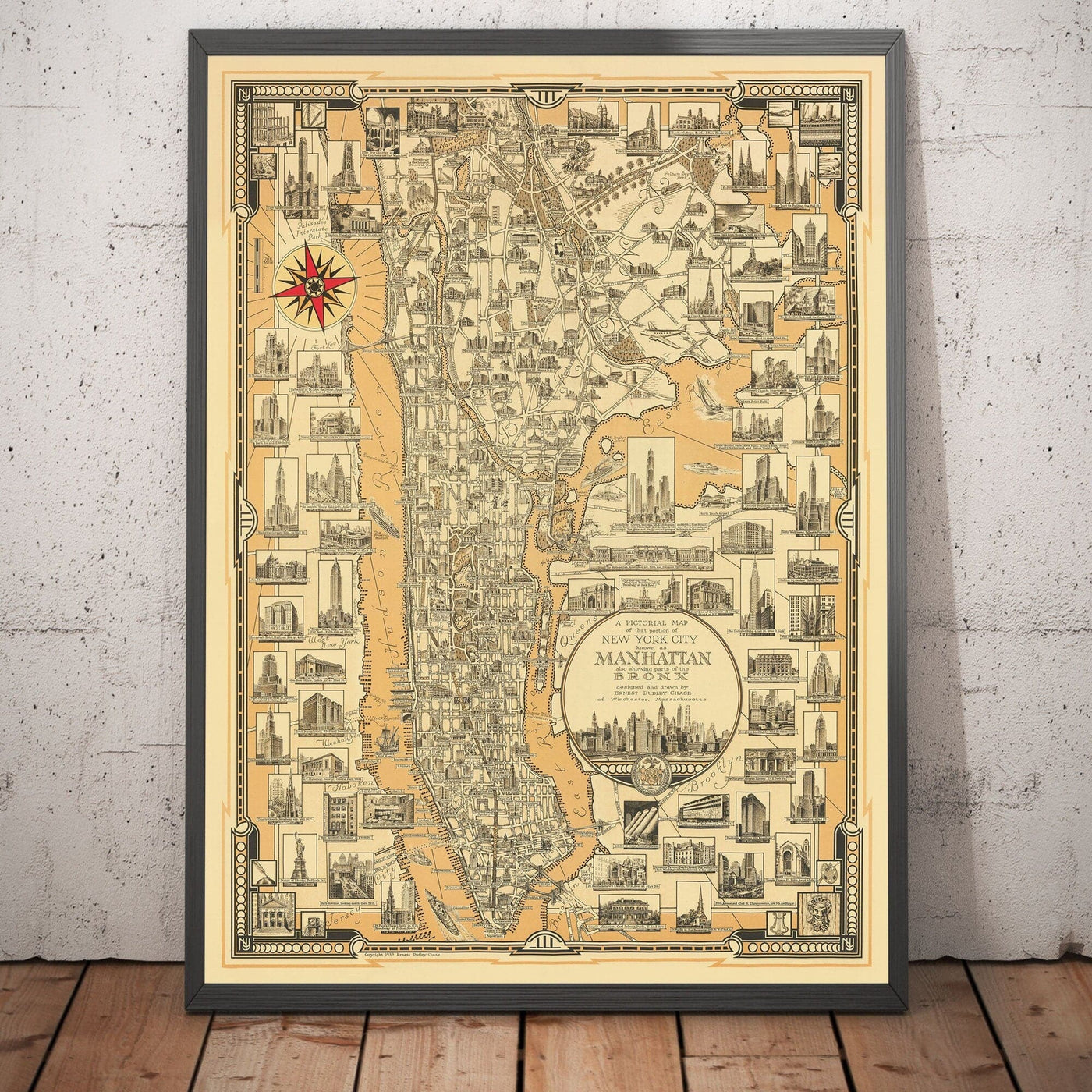 Alte Bildkarte von Manhattan & The Bronx, 1939 von E. Chase - Wahrzeichen, Wolkenkratzer, Hudson River