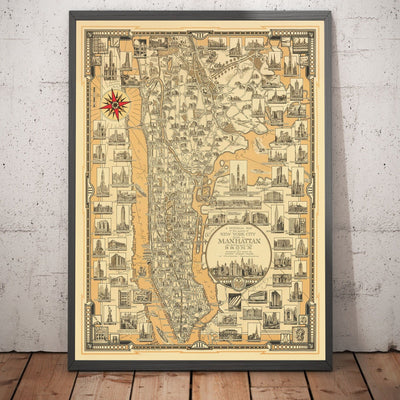 Old Pictorial Map of Manhattan & the Bronx, 1939 par E. Chase - Merrassement, gratte-ciel, River Hudson