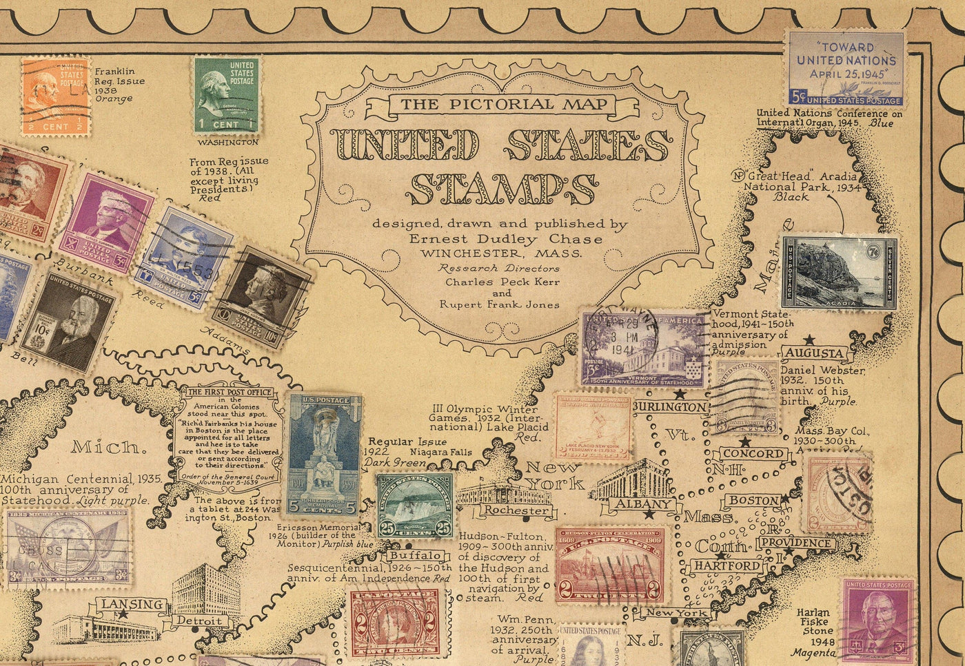 Old Stamp Map of the USA par E. Chase, 1949 - Historical United States Post Office - Présidents, points de repère, collectionneur