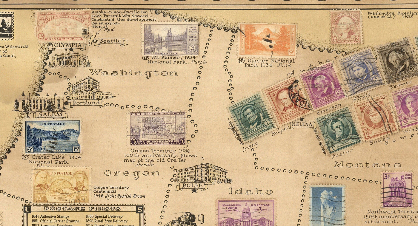 Alte Briefmarkenkarte der USA von E. Chase, 1949 - Historisches Postamt der Vereinigten Staaten - Präsidenten, Wahrzeichen, Sammler