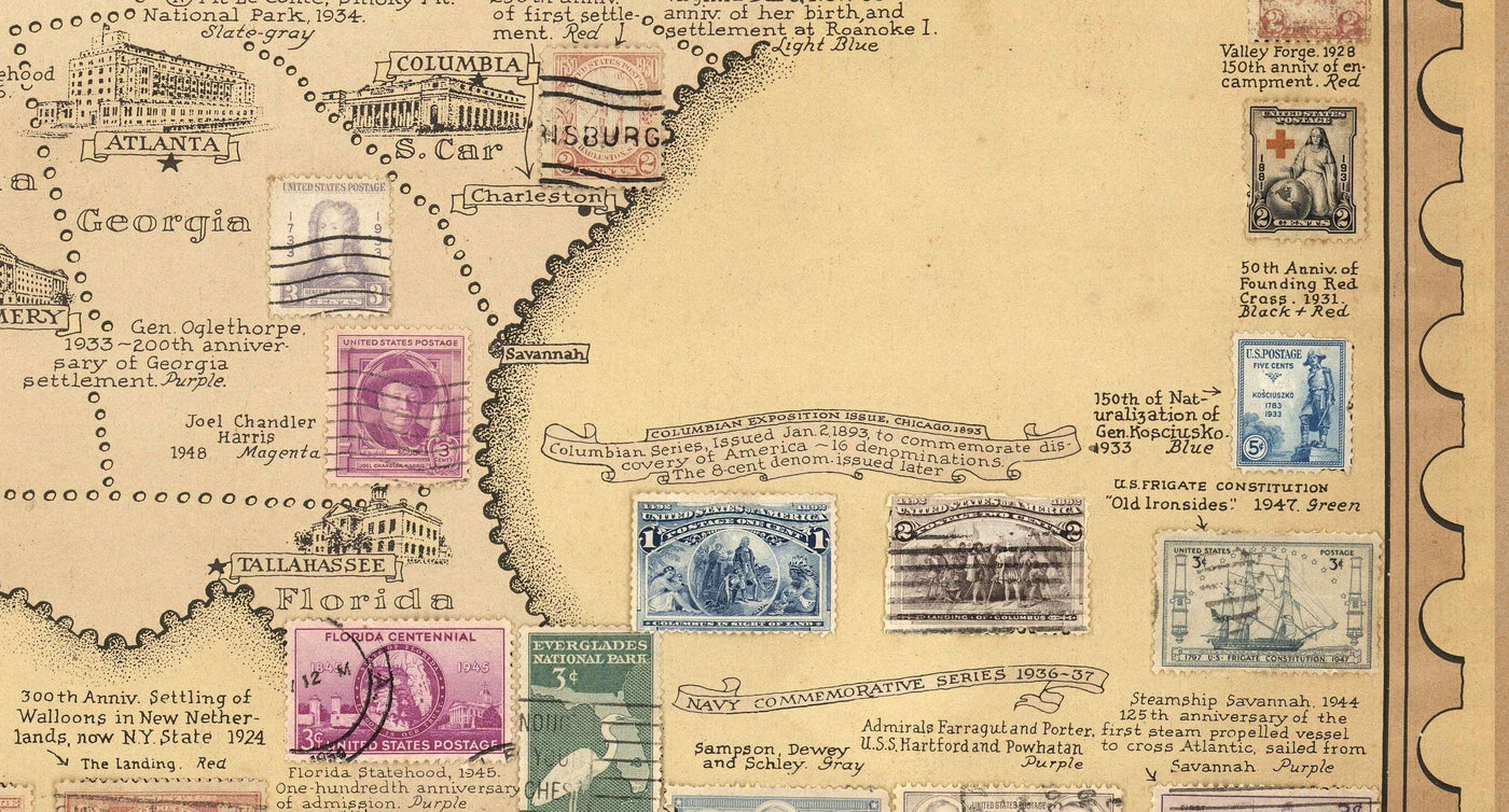 Alte Briefmarkenkarte der USA von E. Chase, 1949 - Historisches Postamt der Vereinigten Staaten - Präsidenten, Wahrzeichen, Sammler