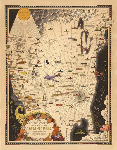 Une carte des États-Unis "typiquement californienne" par E. Chase, 1940 - Carte non officielle déformée de l'ouest et de l'est des États-Unis.