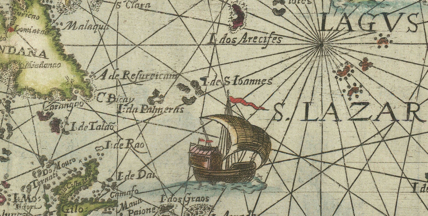 Old Spice Isles Map of Southeast Asia, 1598 par Wolfe - Dutch East Inies - Indonésie, Bornéo, Sea Monsters
