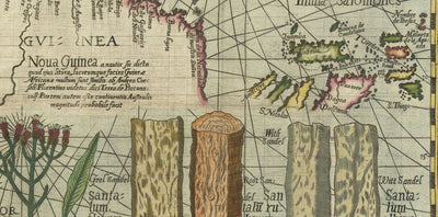 Antiguo mapa de las Islas de las Especias del Sudeste Asiático, 1598 por Wolfe - Indias Orientales Holandesas - Indonesia, Borneo, Monstruos Marinos