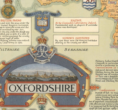 Mapa antiguo de Oxfordshire por Ernest Clegg, 1947 - Universidad de Oxford, Palacio de Blenheim, Churchill, Bicester, Banbury