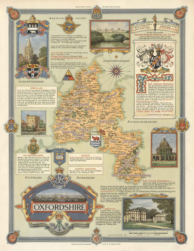 Old Map of Oxfordshire par Ernest Clegg, 1947 - Université d'Oxford, Blenheim Palace, Churchill, Bicester, Banbury