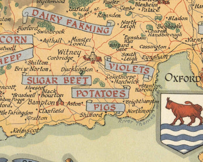 Mapa antiguo de Oxfordshire por Ernest Clegg, 1947 - Universidad de Oxford, Palacio de Blenheim, Churchill, Bicester, Banbury
