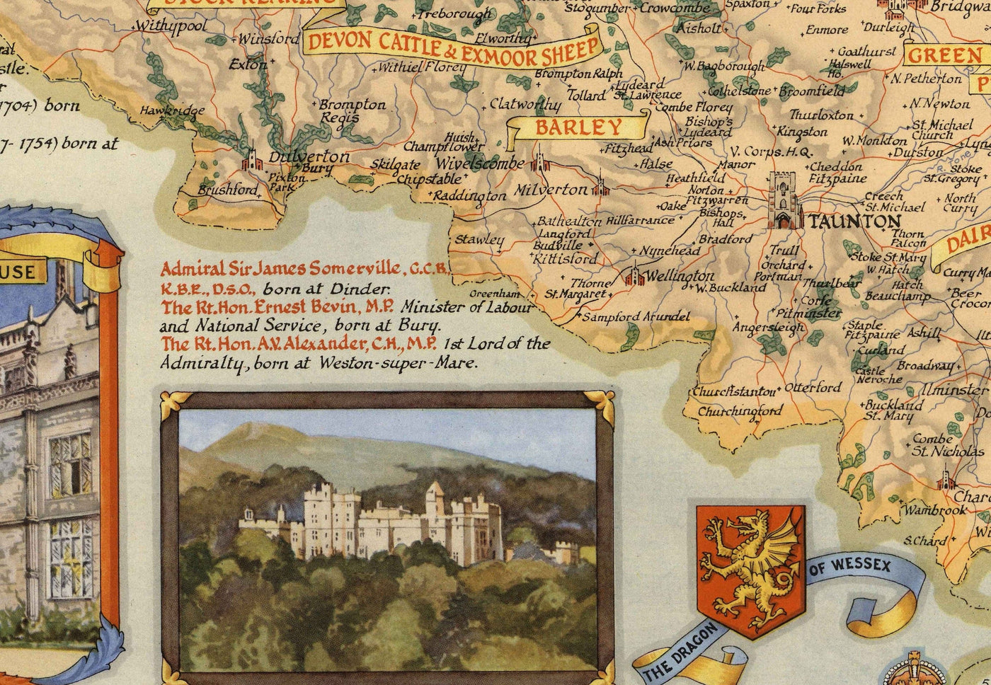 Ancienne carte du Somerset par Ernest Clegg, 1946 - Bath, Wells, Points de repère, Seconde Guerre mondiale, West Country, Winston Churchill