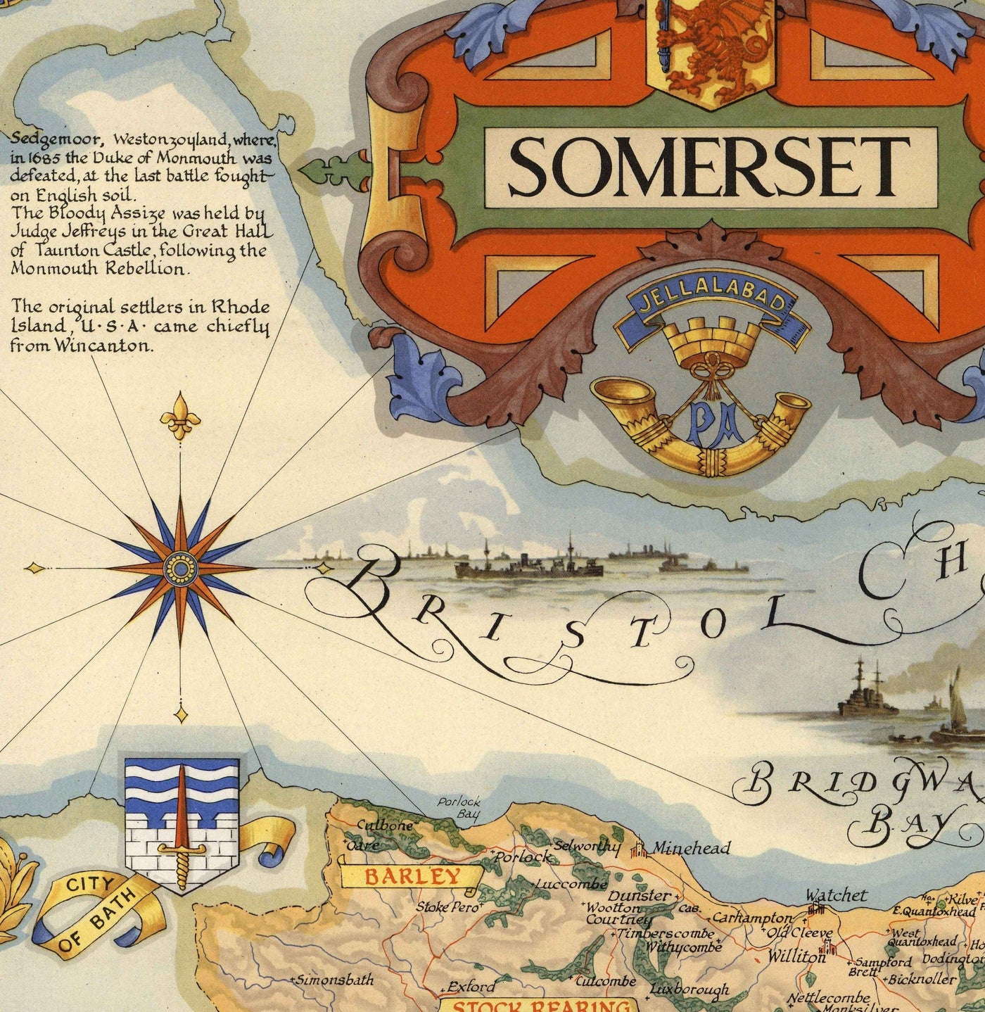 Antiguo mapa de Somerset por Ernest Clegg, 1946 - Bath, Wells, Landmarks, World War 2, West Country, Winston Churchill