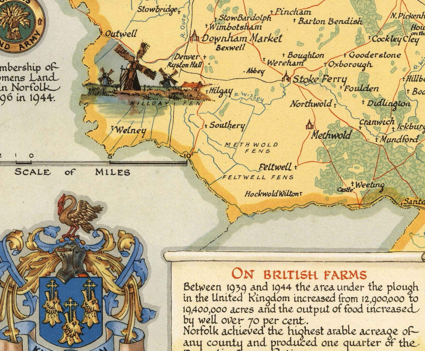 Ancienne carte du Norfolk par Ernest Clegg, 1945 - Sandringham, Norwich, Yarmouth, Winston Churchill, Lord Nelson, WW2