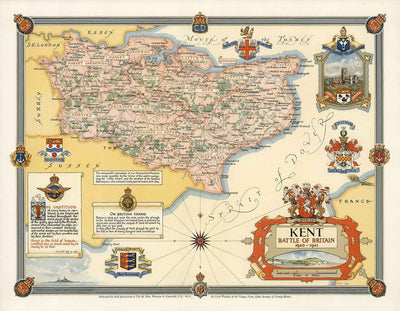 Alte Karte von Kent von Ernest Clegg, 1947 - Canterbury, 2. Weltkrieg, Churchill, Schlacht um Großbritannien, Dover, Sevenoaks