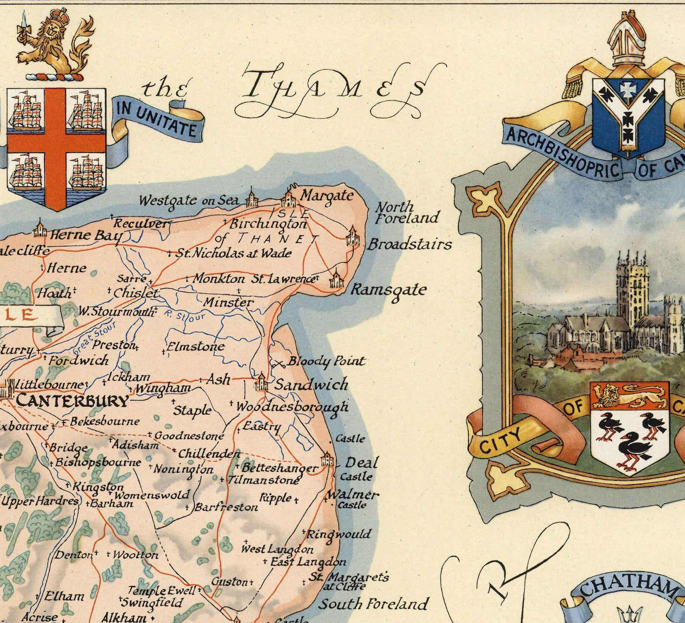 Antiguo mapa de Kent por Ernest Clegg, 1947 - Canterbury, Segunda Guerra Mundial, Churchill, Batalla de Inglaterra, Dover, Sevenoaks