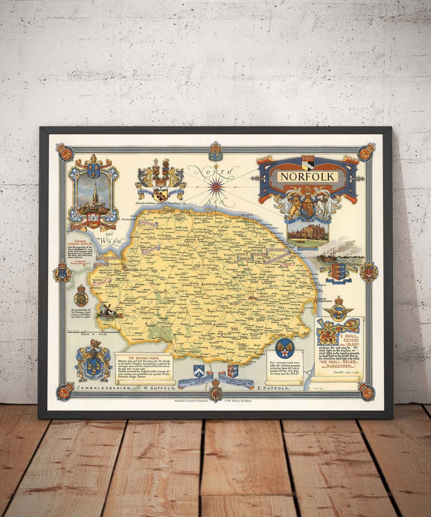 Alte Karte von Norfolk von Ernest Clegg, 1945 - Sandringham, Norwich, Yarmouth, Winston Churchill, Lord Nelson, WW2
