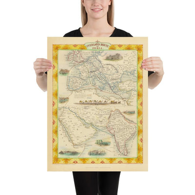 Antiguo mapa de la ruta del correo: Europa a la India, 1851 - Comercio por tierra del Imperio Británico - Suez, Camellos, Mar Rojo, Arabia