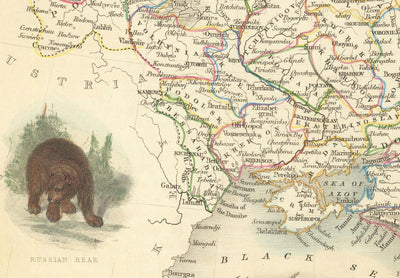Antiguo mapa del Imperio Ruso en Europa, 1851 - Moscú, Napoleón, Finlandia, Crimea, Ucrania, Minsk, San Petersburgo