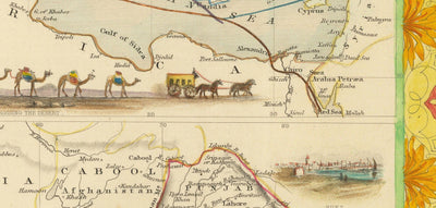 Ancienne carte de la route postale : Europe vers l'Inde, 1851 - Commerce terrestre de l'Empire britannique - Suez, chameaux, mer Rouge, Arabie