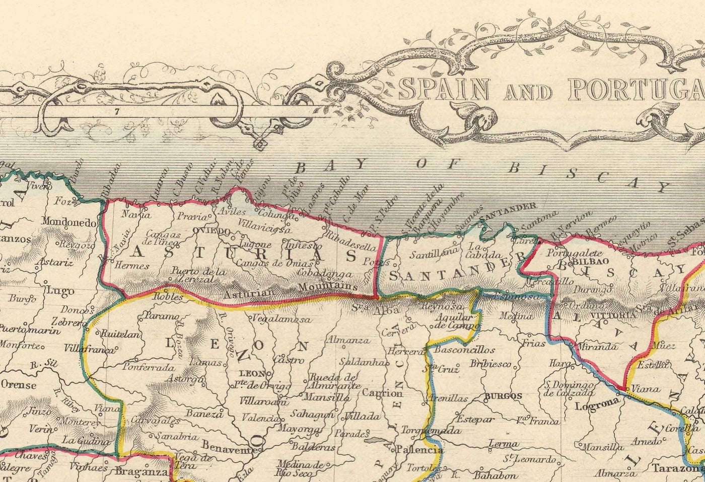 Old Map of Spain & Portugal, 1851 - Illustrations victoriennes - Catalogne, Madrid, Lisbonne, Gibraltar, Andalousie
