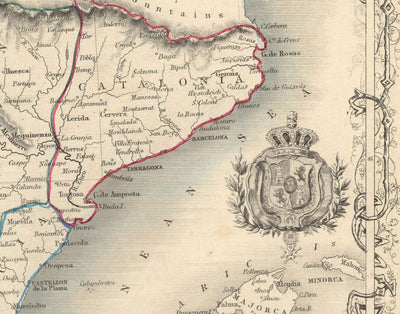 Mapa antiguo de España y Portugal, 1851 - Ilustraciones victorianas - Cataluña, Madrid, Lisboa, Gibraltar, Andalucía