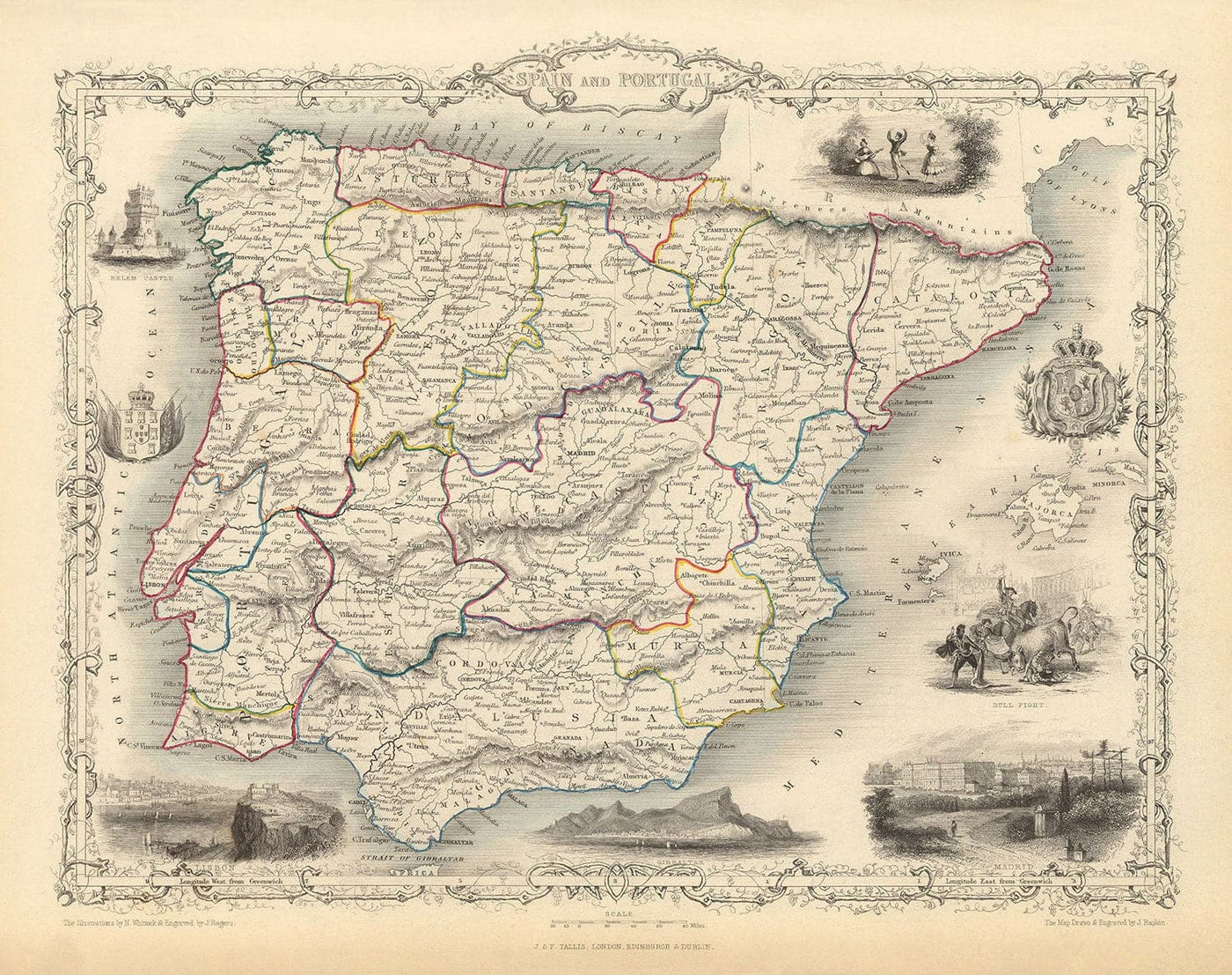 Alte Karte von Spanien & Portugal, 1851 - viktorianische Illustrationen - Katalonien, Madrid, Lissabon, Gibraltar, Andalusien