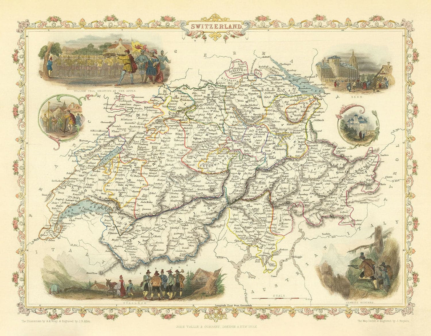 Alte handkolorierte Karte der Schweiz, 1851 - Bern, Zürich, Kantone, Genf, Seen, Zermatt, Wilhelm Tell