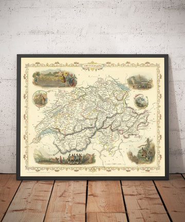 Antica mappa colorata a mano della Svizzera, 1851 - Berna, Zurigo, Cantoni, Ginevra, Laghi, Zermatt, Guglielmo Tell 