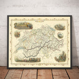 Alte handkolorierte Karte der Schweiz, 1851 - Bern, Zürich, Kantone, Genf, Seen, Zermatt, Wilhelm Tell 